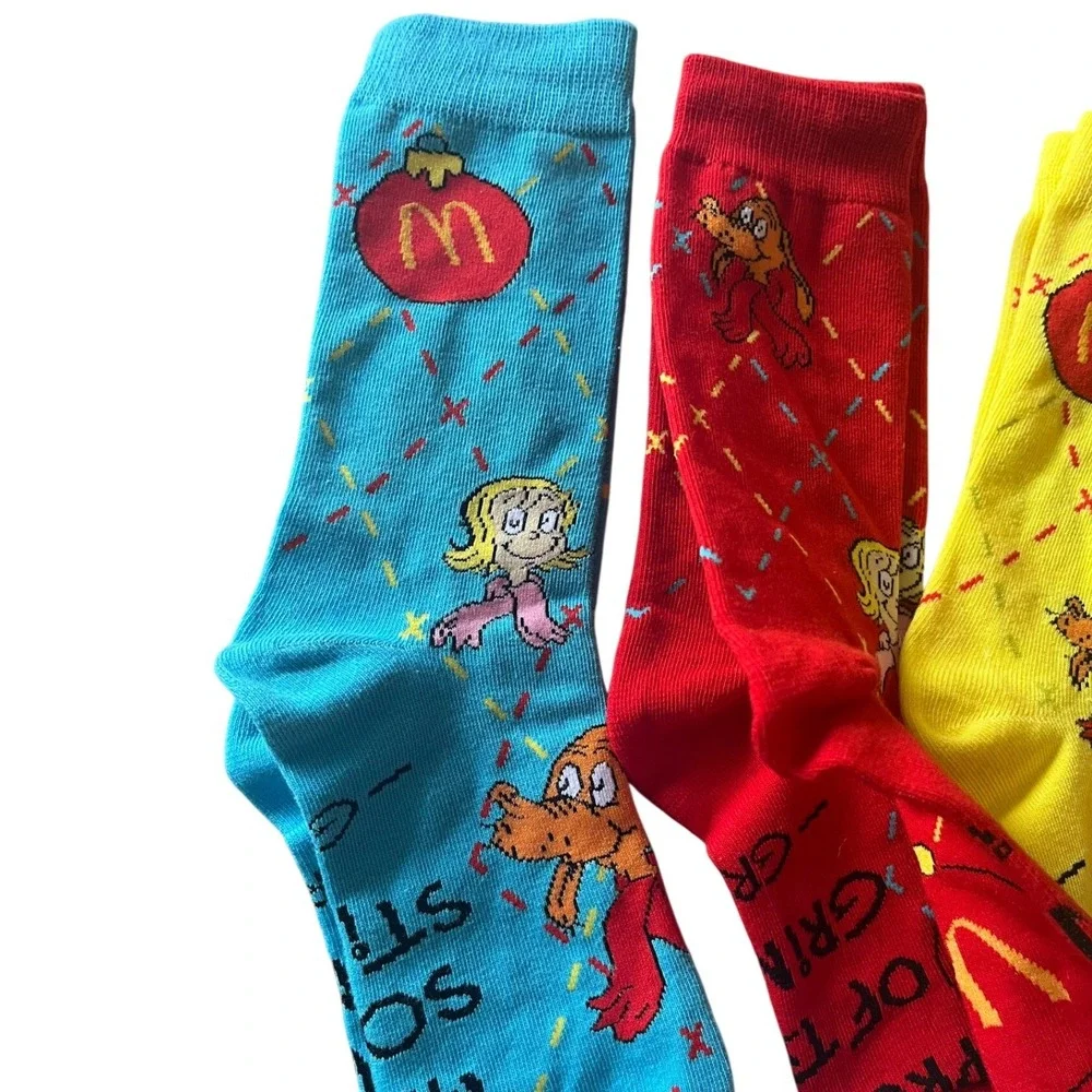 McDonalds The Grinch Christmas Crew Socks Set 3 Pairs Red Yellow Blue Dr Seuss